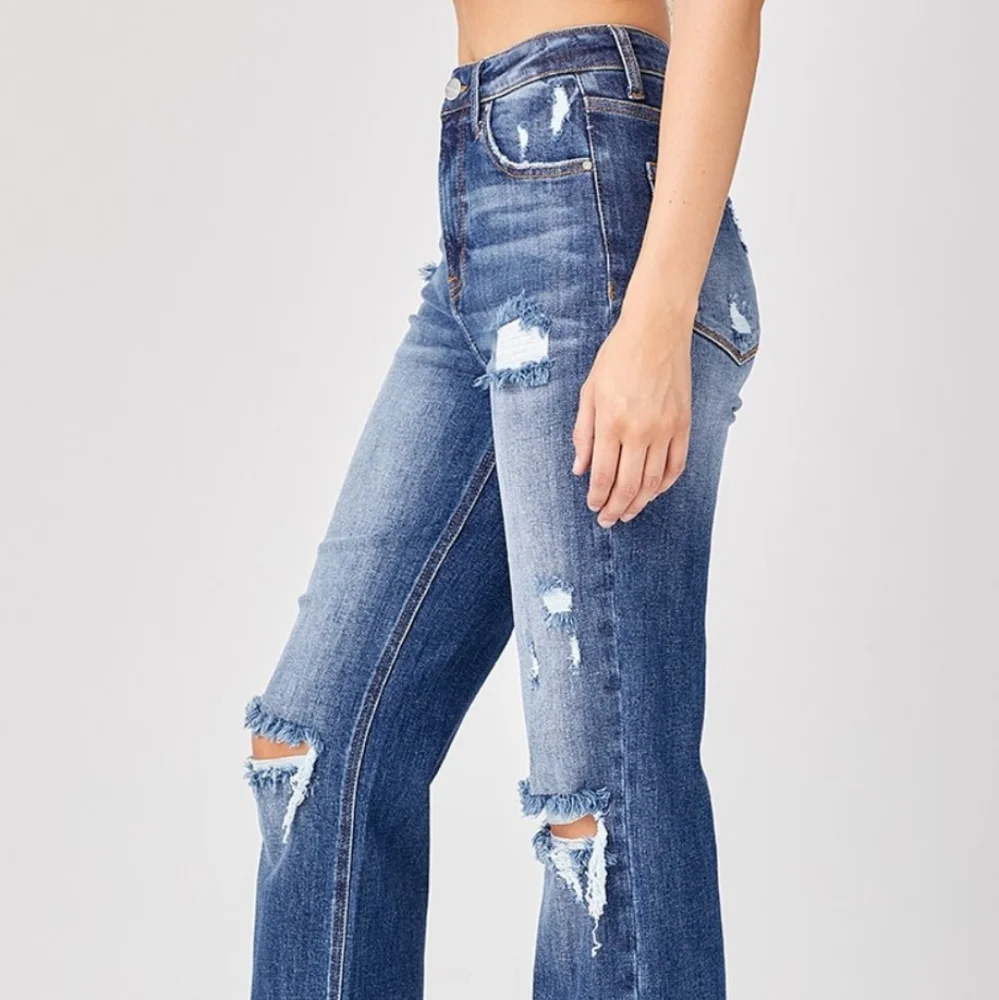 RISEN Torn High-Rise Distressed Jeans Retro Straight Leg Classic Denim Pants_11